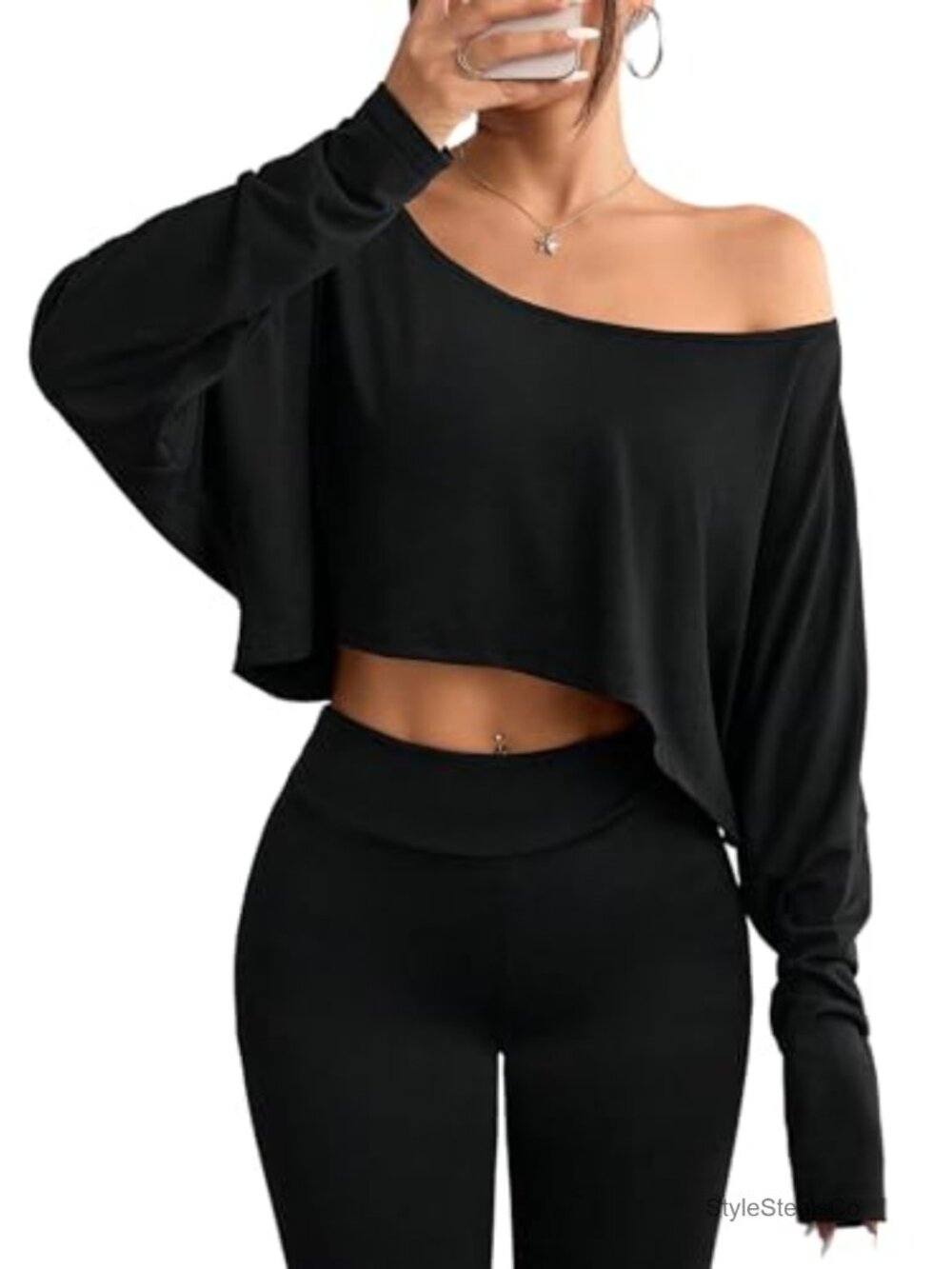 Off Shoulder Crop Top Long Sleeve Relaxed Fit Pullover Tee